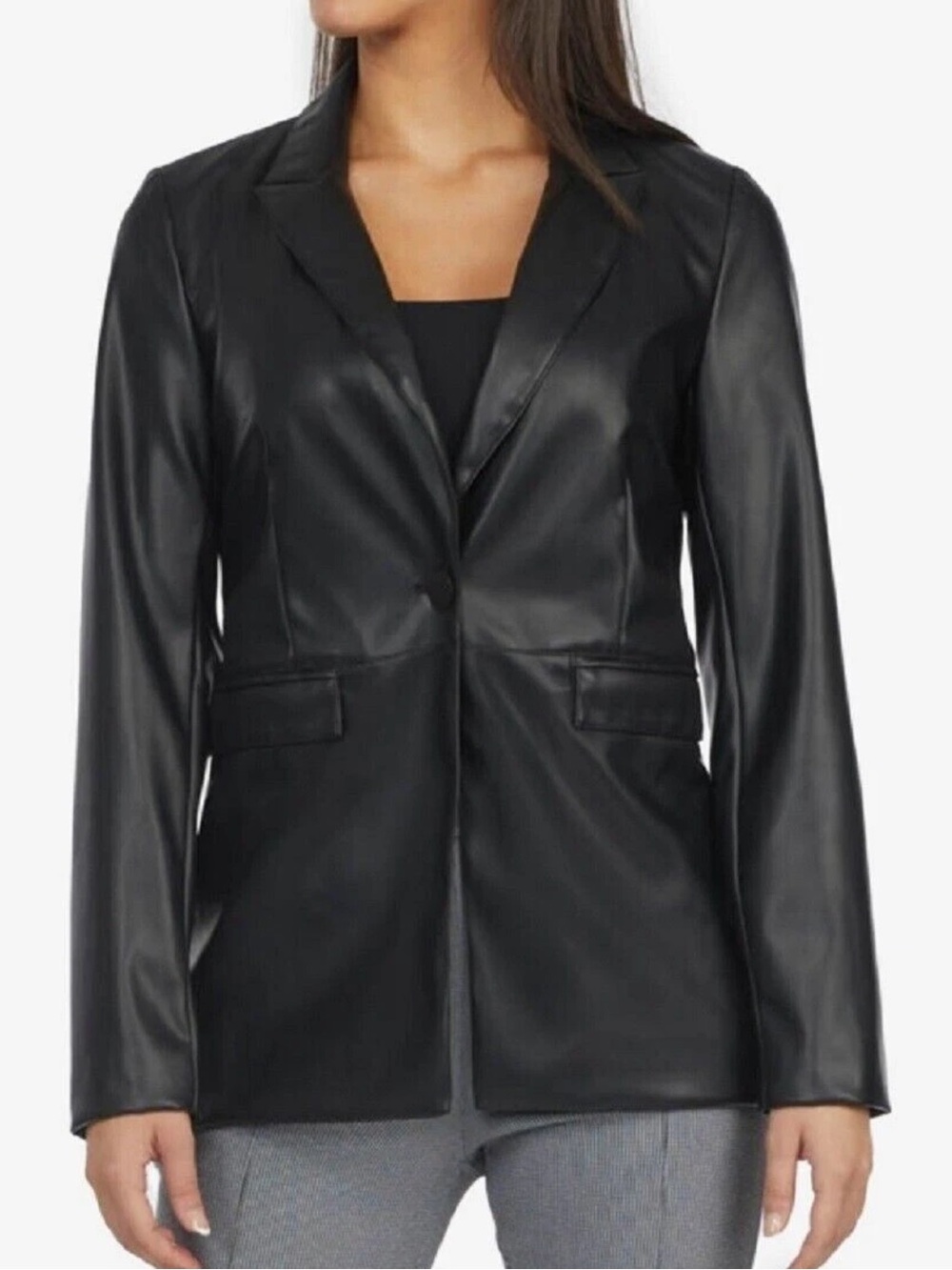 Laundry By Shelli Segal Black Faux Leather Blazer XS One button closure